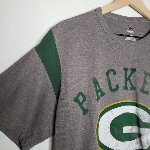 Green Bay Packers Short Sleeve Tee Logo Majestic L Grey T-Shirt - Picture 4 of 5